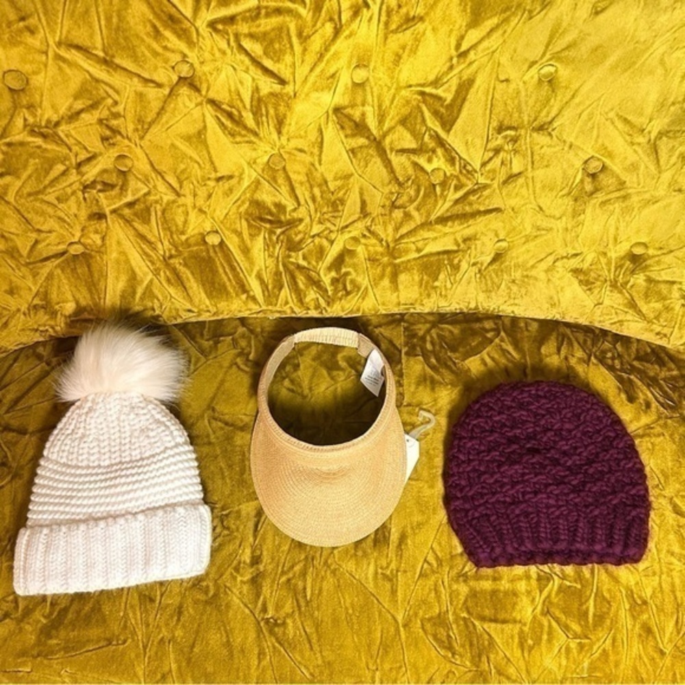 White & Purple Knit Winter Hats and Sun Visor